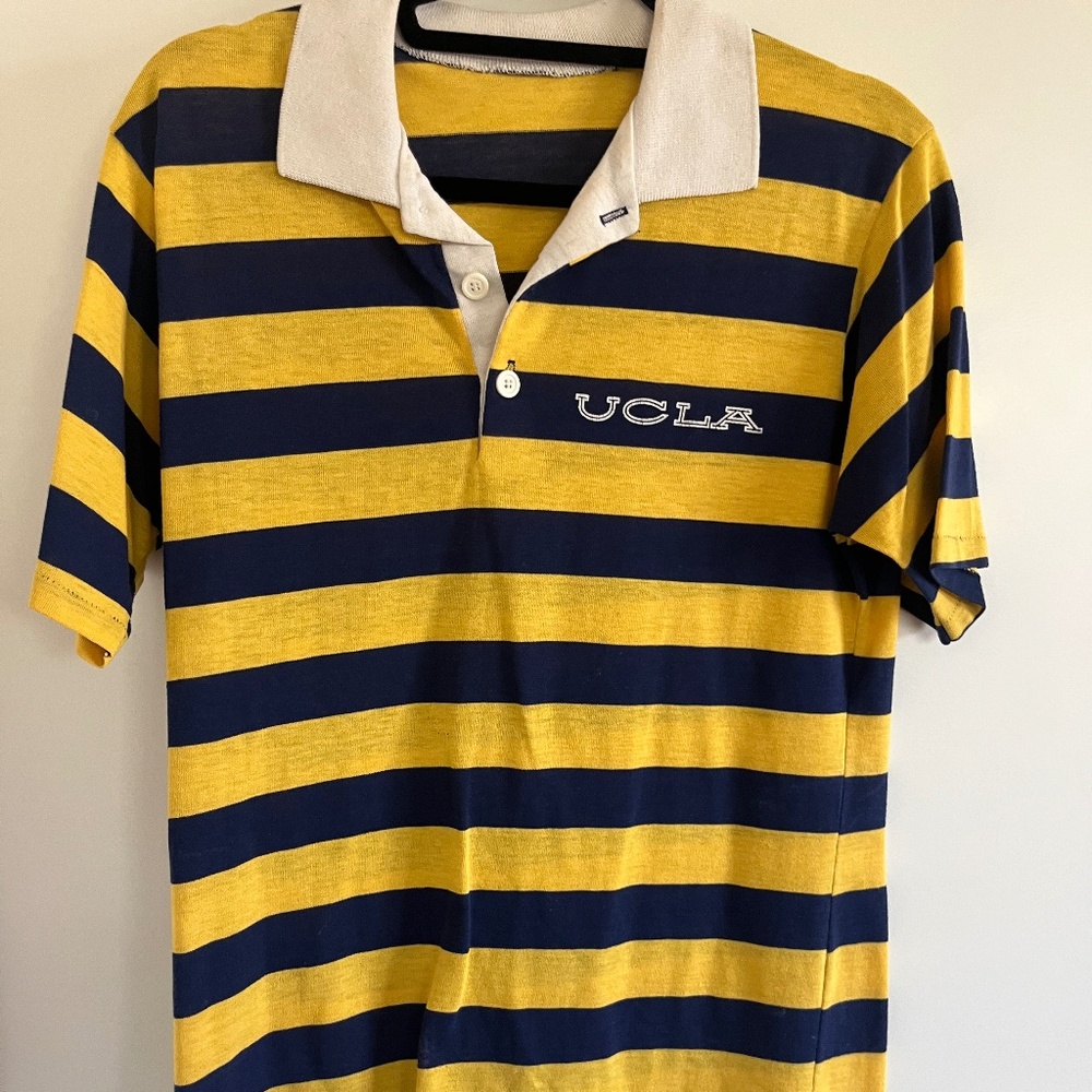 Striped 1980s vintage UCLA polo rugby shirt yellow and navy